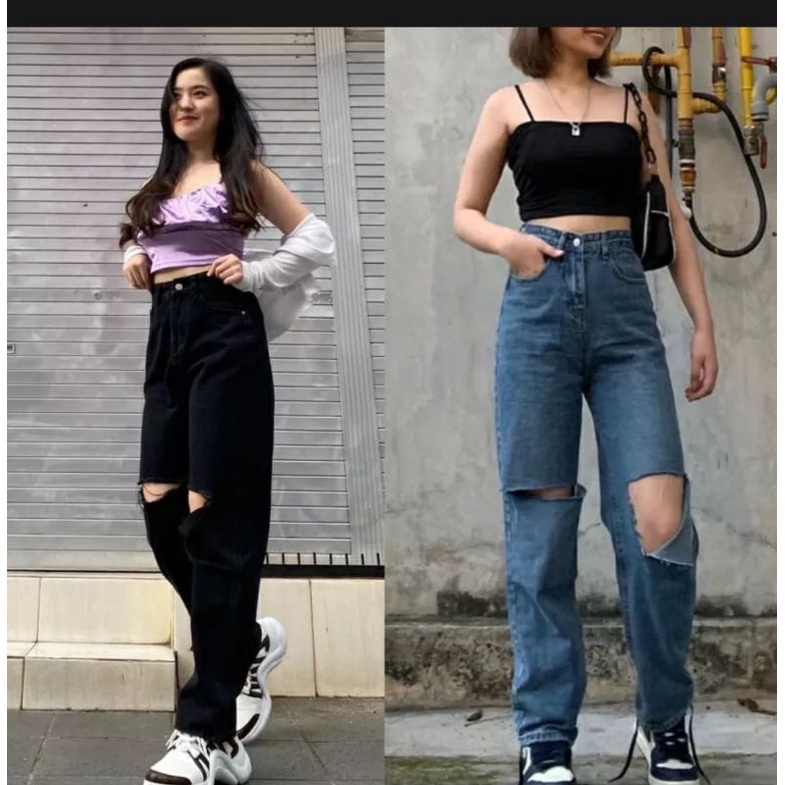 Celana Baggy Jeans Wanita Unique Button Details pang
