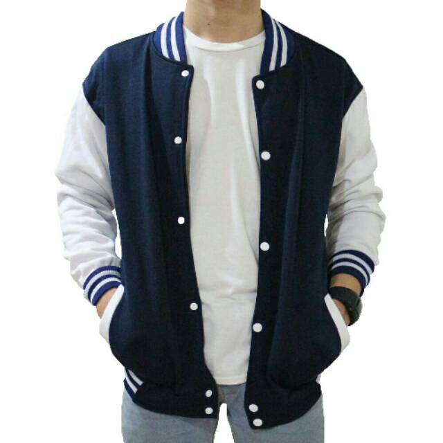 Jaket Baseball Varsity Navy Tangan Putih Polos Size M - XXL | Shopee  Indonesia