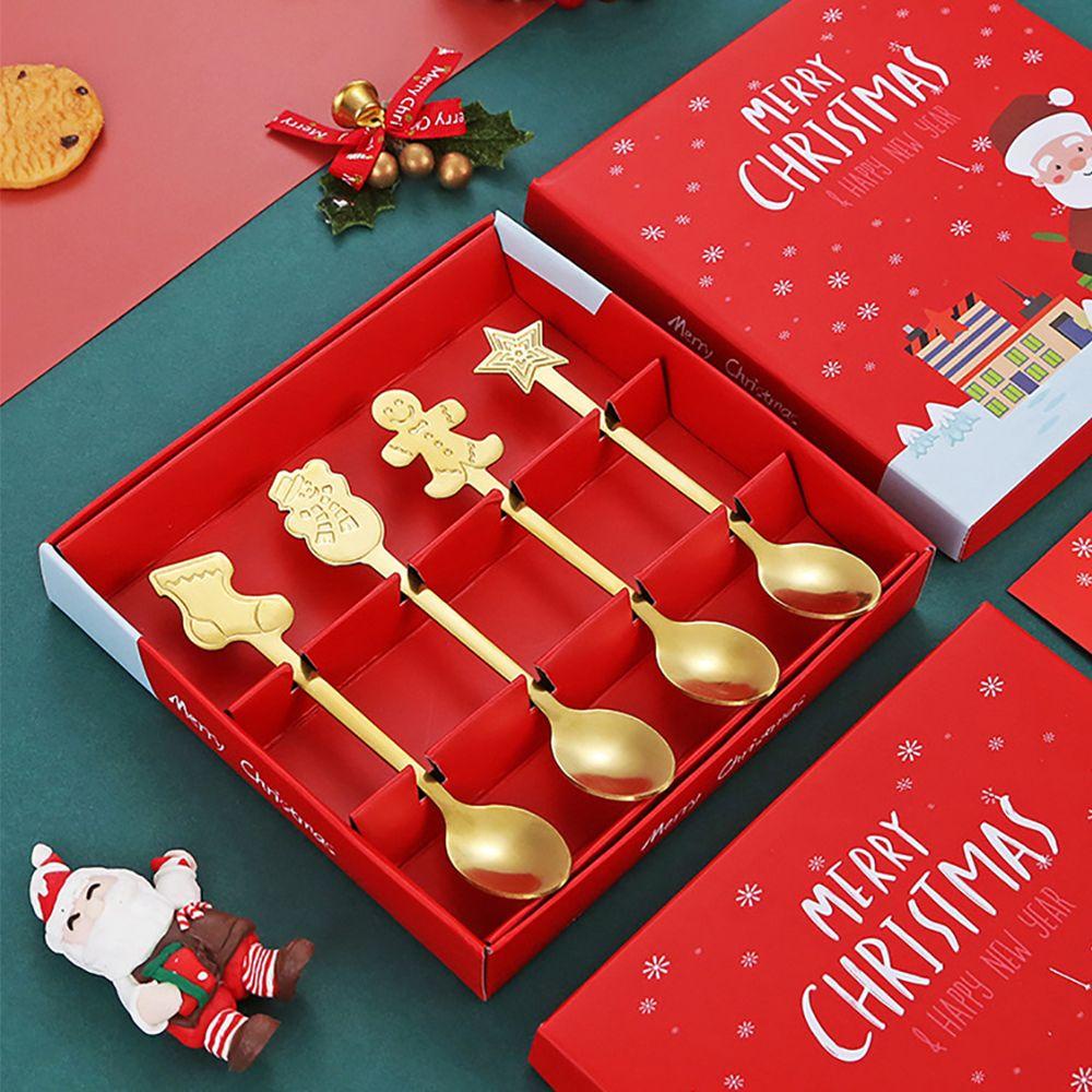 Preva 4 Pcs Sendok Natal Desserts Xmas Perlengkapan Stainless Steel Gingerbread Man Tea Scoop