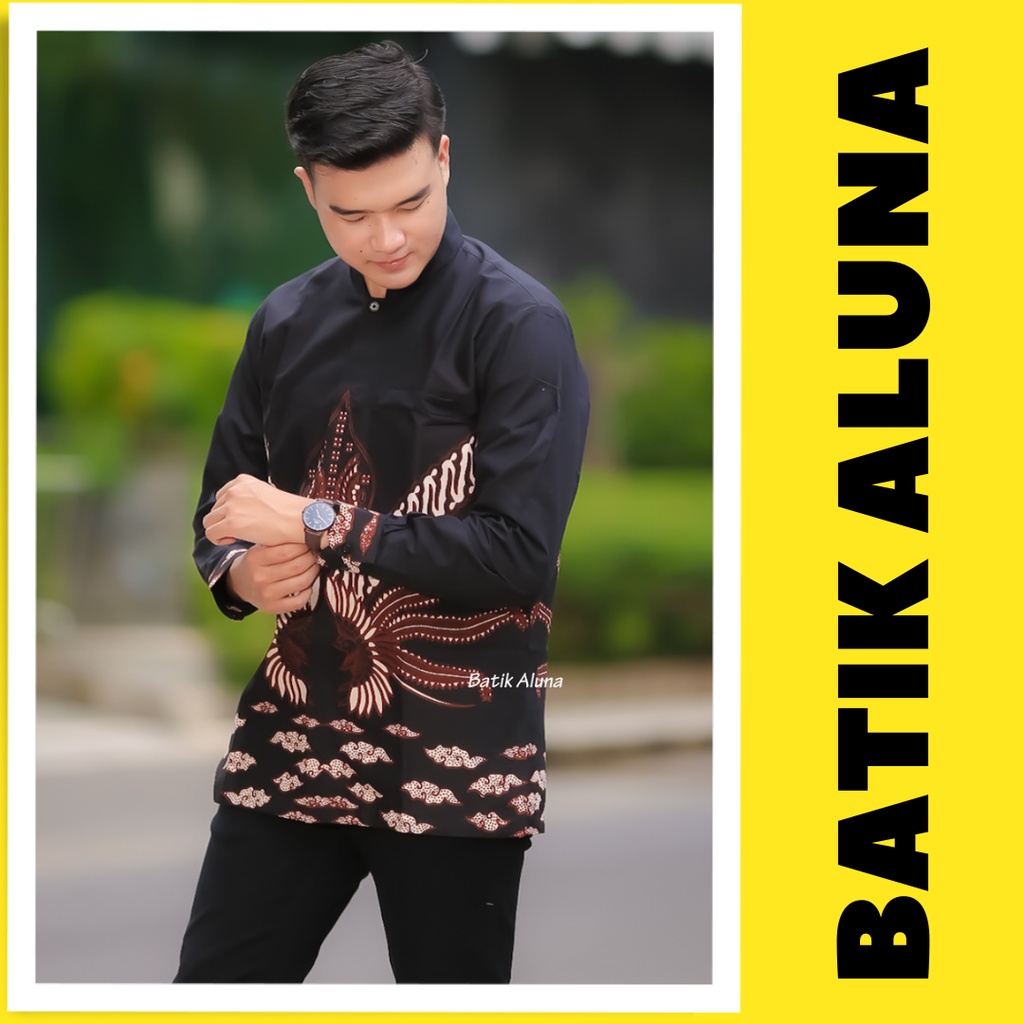 Baju Koko Pria  Lengan Panjang Motif Batik Aluna Solo Premium Baju Batik Muslim M003