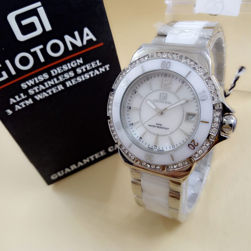 JAM TANGAN WANITA ORIGINAL GIOTONA 7208 TANGGAL AKTIF TALI RANTAI KOMBI KERAMIK