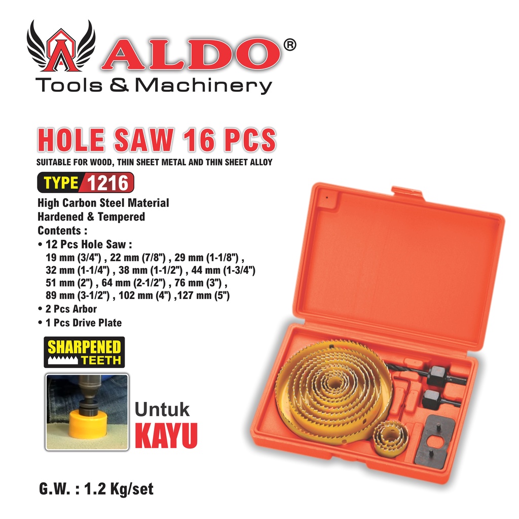Hole Saw 16 Pcs type 1216 Merk ALDO