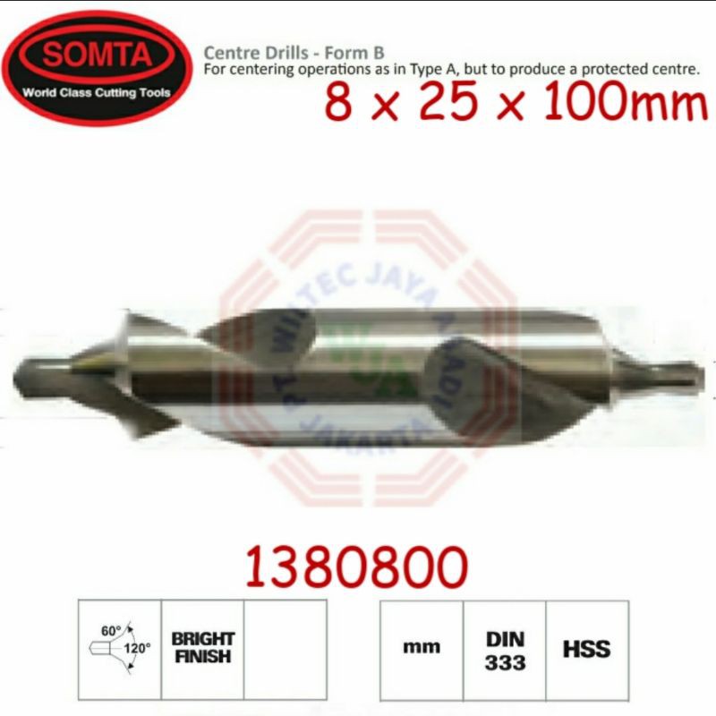 Centre Drill 8 x 25 x 100mm (Type B) HSS Merek SOMTA (1380800)