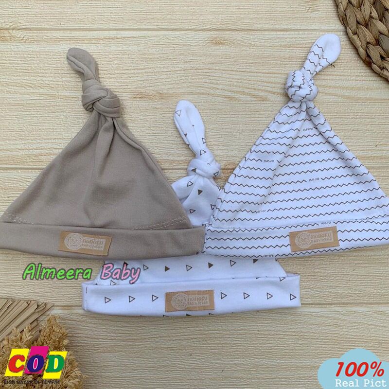 Bahan Katun TC - 3 PCS Kupluk Bayi Topi Bayi Baru lahir Usia 0-3 Bulan Serian Cream Almeera Baby and Kids