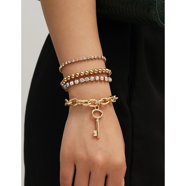 LRC Gelang Tangan Fashion Claw Chain Drill Handmade Key Round Bead Alloy Bracelet Set K43493