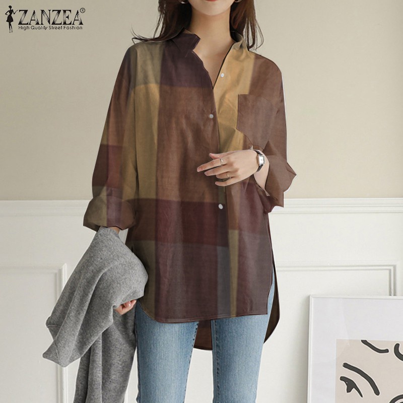 ZANZEA Women Casual Long Sleeve Collared Plaid Buttons Blouse