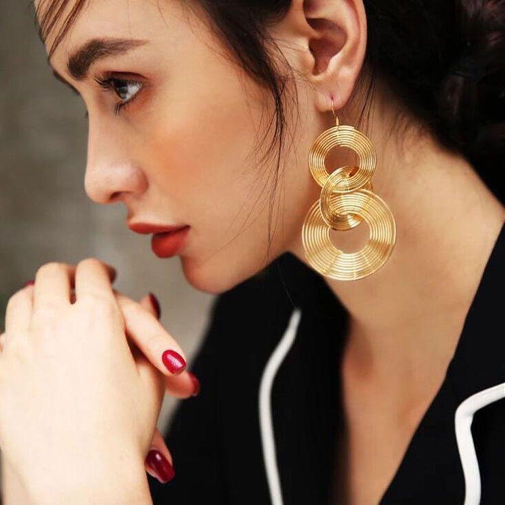 Needway Anting Drop Bahan American Punk 3bulat Besar Panjang Rumbai Bulat Untuk Perhiasan Wanita