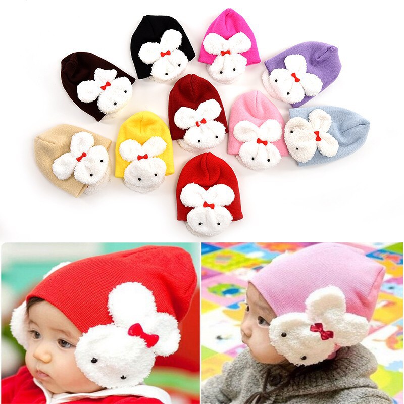 Cute bunny hat / topi kupluk fashion rajut anak bayi dan balita dengan aplikasi kelinci yang lucu