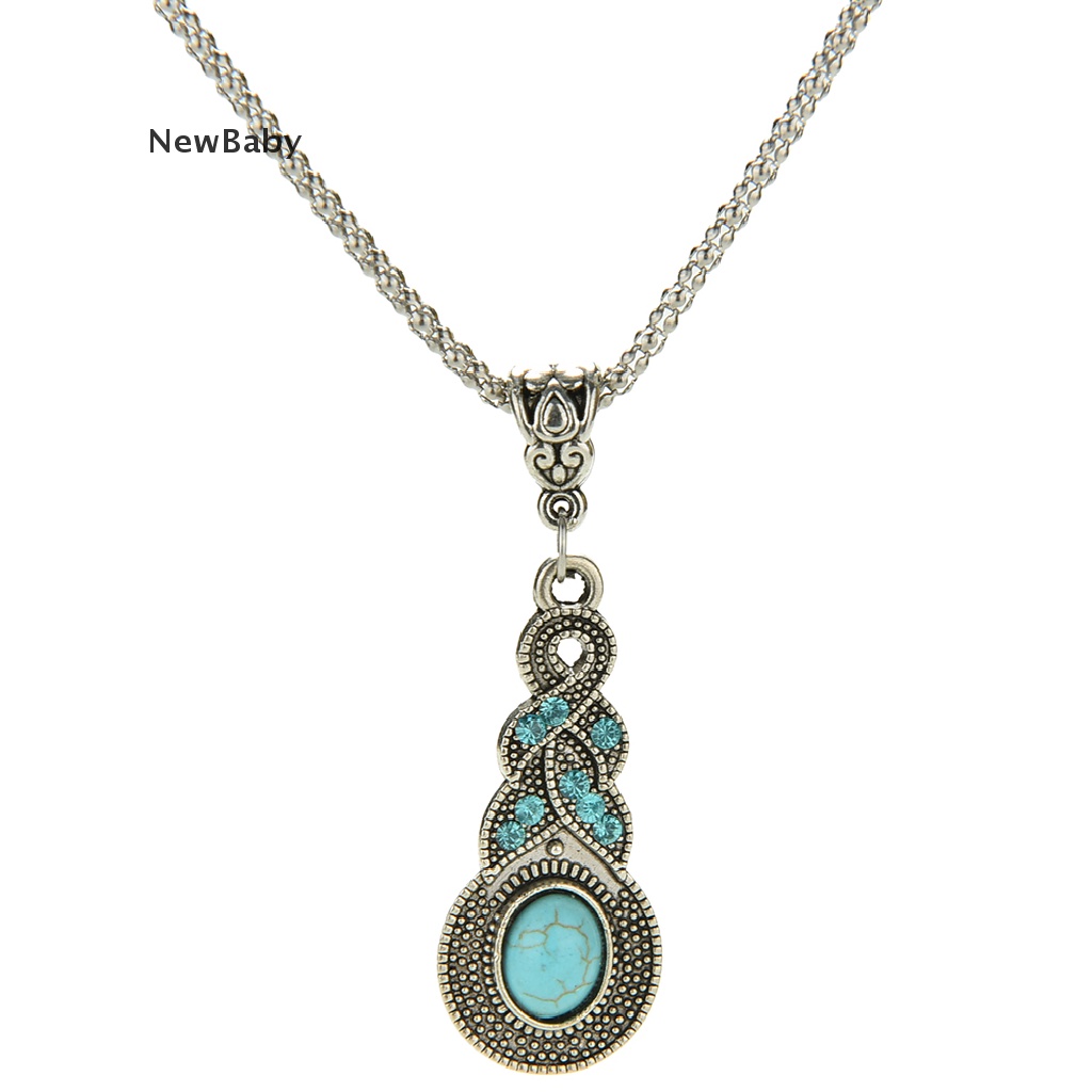 Set Anting Kait Gantung + Kalung Vintage Retro Elegan Hias Batu Turquoise Untuk Wanita