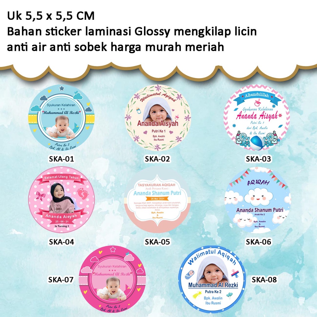 

UK 5,5 x 5,5 CM isi 11pcs Sticker Tasyakuran Aqiqah & Stiker Tasyakuran Aqiqah Tahan Air Tahan matahari Tasyakuran aqiqah CUSTOM DAN NON CUSTOM STICKER GLOSSY PREMIUM ANTI LUNTUR ANTI AIR ANTI SOBEK