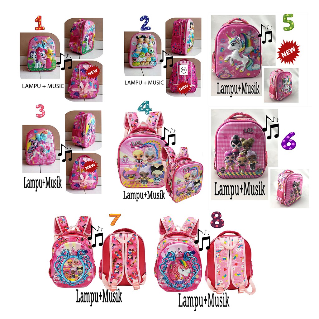 Promo RANDOM Tas Anak Ransel TK / SD LAMPU + MUSIK Gambar Anak Cewek Lengkap 5D Timbul Import