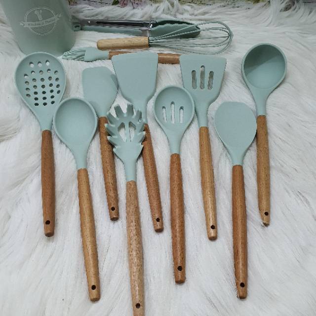 Wooden spatula set 13pcs with STRAINER Spatula / sodet/ sutil spatula set gagang kayu