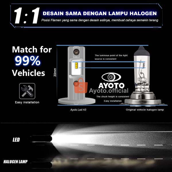 2 PCS ( Sepasang ) Lampu Led Mobil Utama Kabut Headlamp Socket H3 AYOTO Watt35 Single Beam