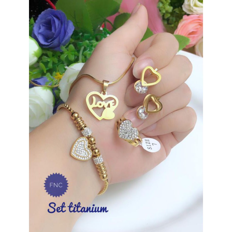 [Titanium] paket perhiasan titanium set love titanium gelang serut titanium gold 220201