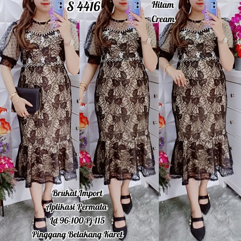 4416 #Dress Brukat Duyung warna Hitam Cream Permata