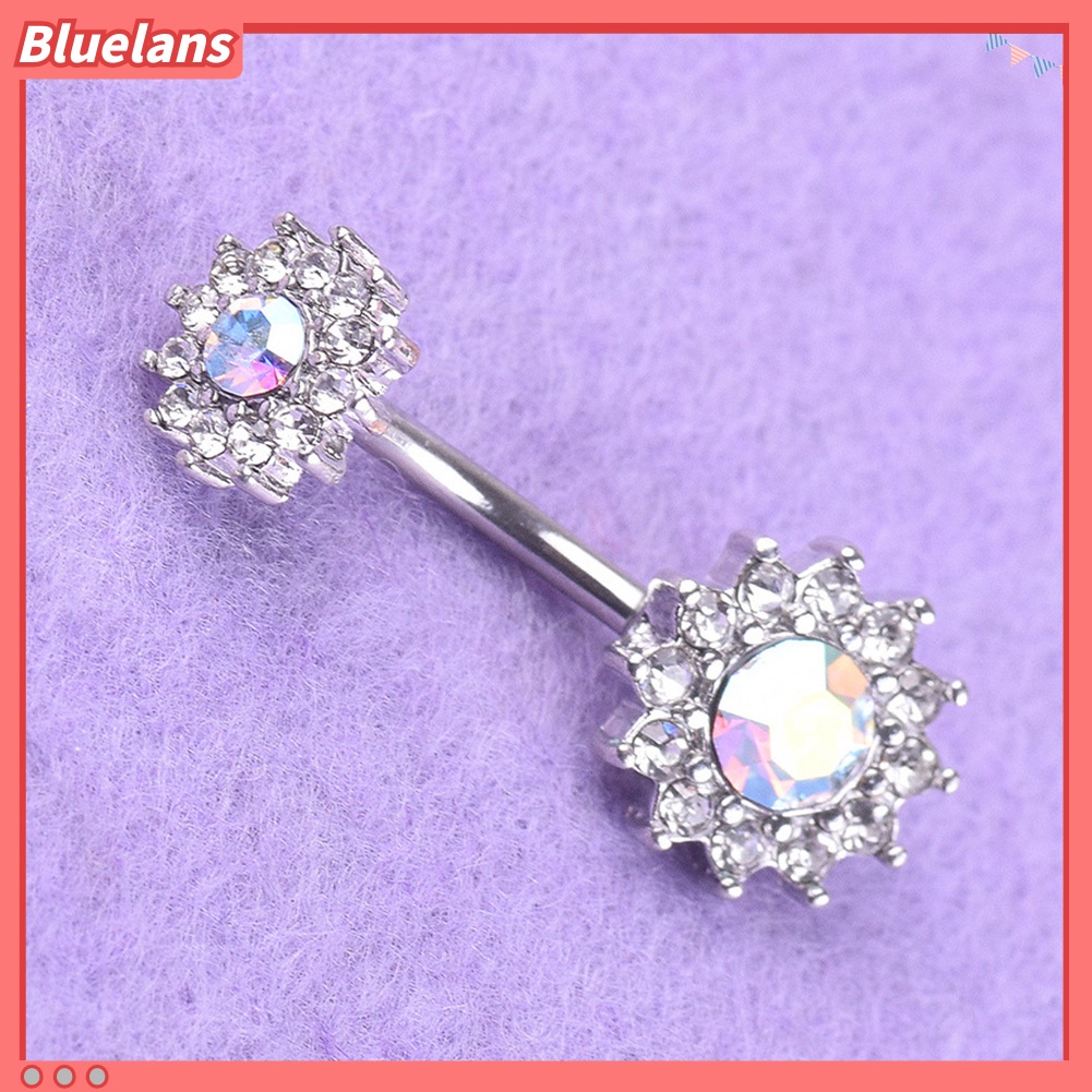 Bluelans Sexy Women Dual Floral Shiny Rhinestone Barbell Navel Ring Body Piercing Jewelry