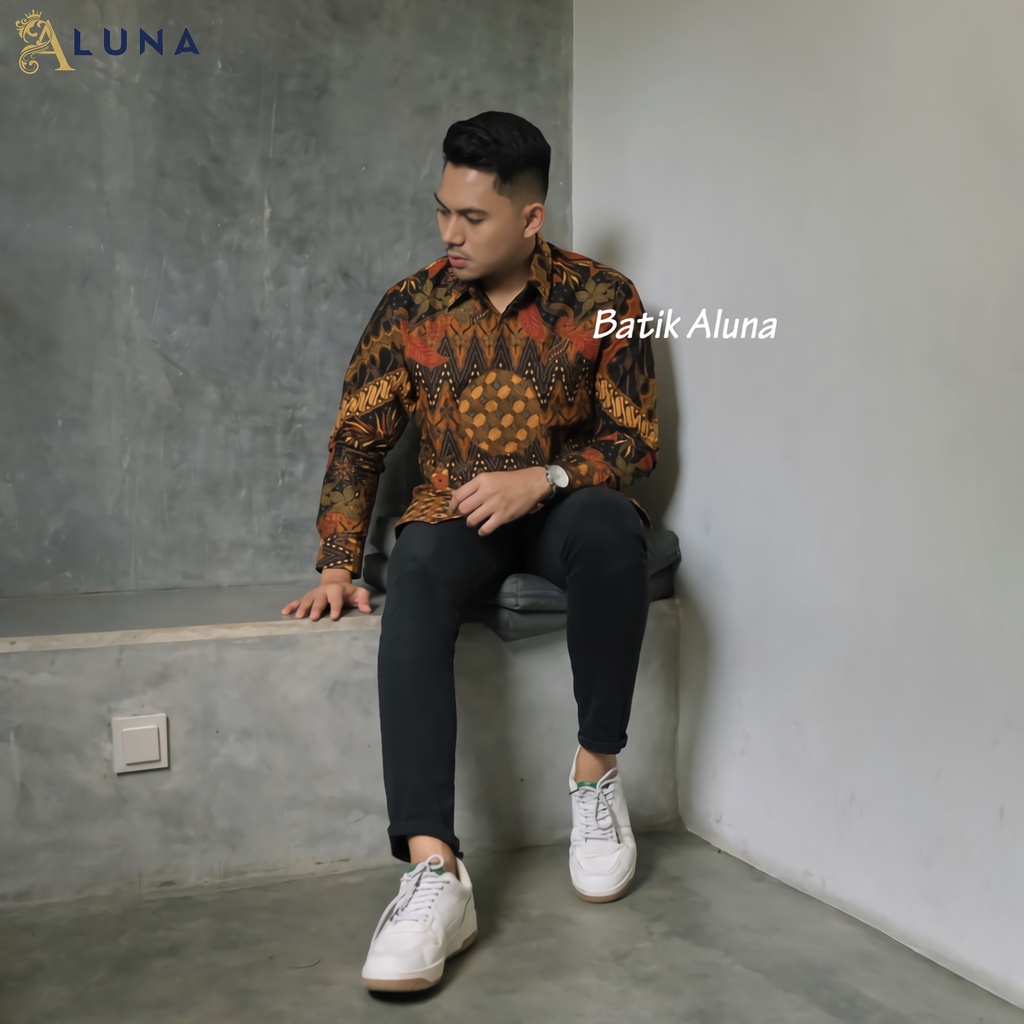 BAJU KEMEJA FORMAL BATIK SOLO PRIA LENGAN PANJANG PREMIUM REGULAR COWOK LAKI MODERN ALUNA PCW 098