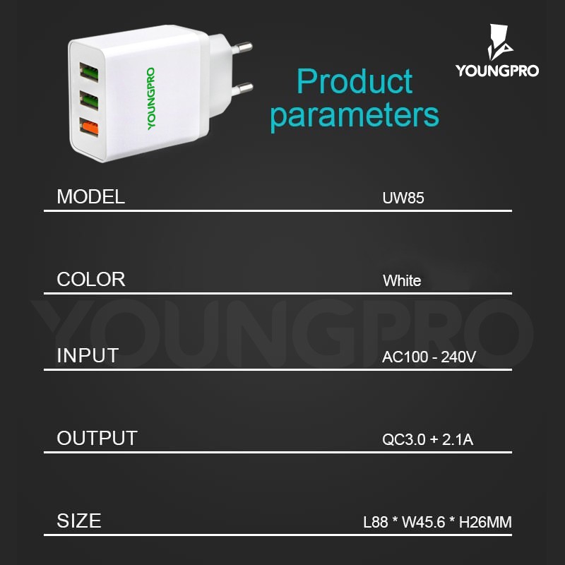 (BERGARANSI 1 TAHUN) YOUNGPRO YPC03 Charger 28W 3 Port Quick Charge QC 3.0 Fast Charging Kepala Cas HP Murah Warna Putih