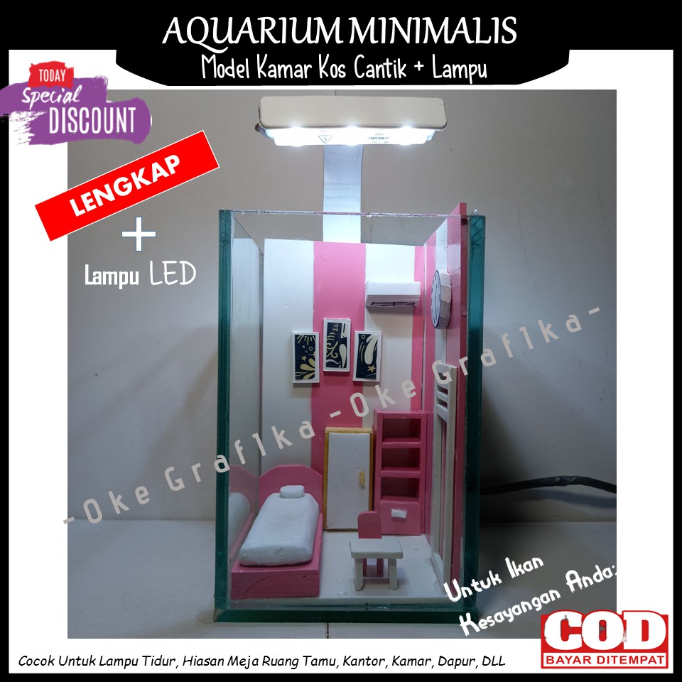 Aquarium Mini Akuarium Aquascape Soliter Mini Kamar Kos Ikan Cupang MInimalis Unik + Lampu