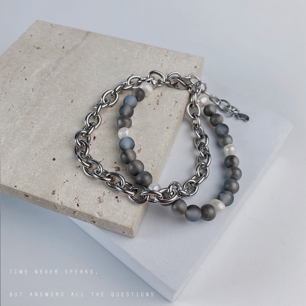 Niche double layer twin gelang mutiara wanita in gelap tekstur matte keren hip hop sweet cool gelang