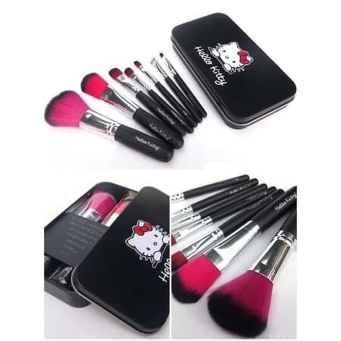 [7 PCS] Brush Set Make Up Kuas Set Hello Kitty Kaleng Hitam dengan Bulu Super Lembut &amp; Aman untuk Kulit Wajah