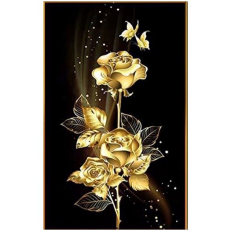 Lukisan cetak hiasan dinding gambar bunga mawar gold plus bingkai ukuran 65x45