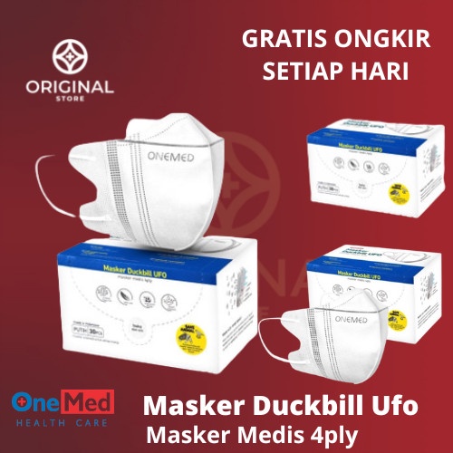 MASKER KARET MEDIS DUCKBILL UFO PUTIH 4 PLY ONEMED ISI 30 PCS