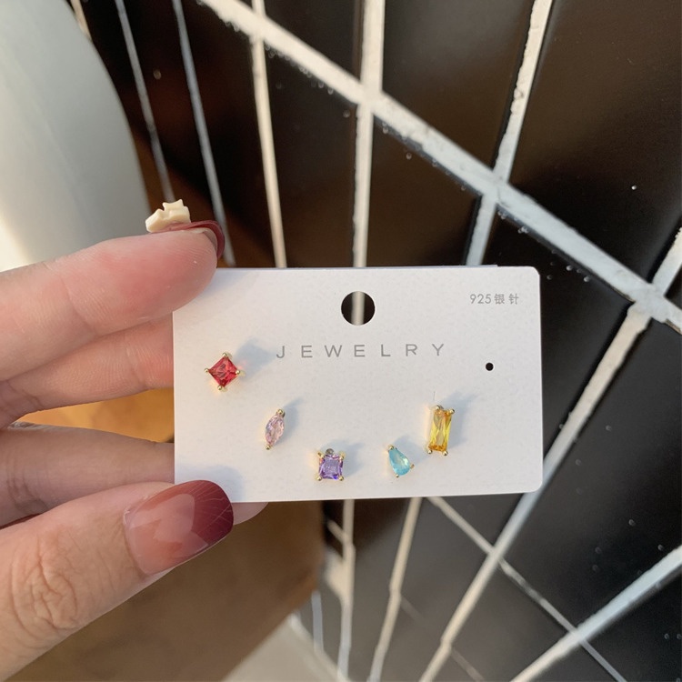 5pcs / Set Anting Tusuk Bentuk Geometri Asimetris Aksen Berlian Warna-Warni Untuk Perhiasan Wanita