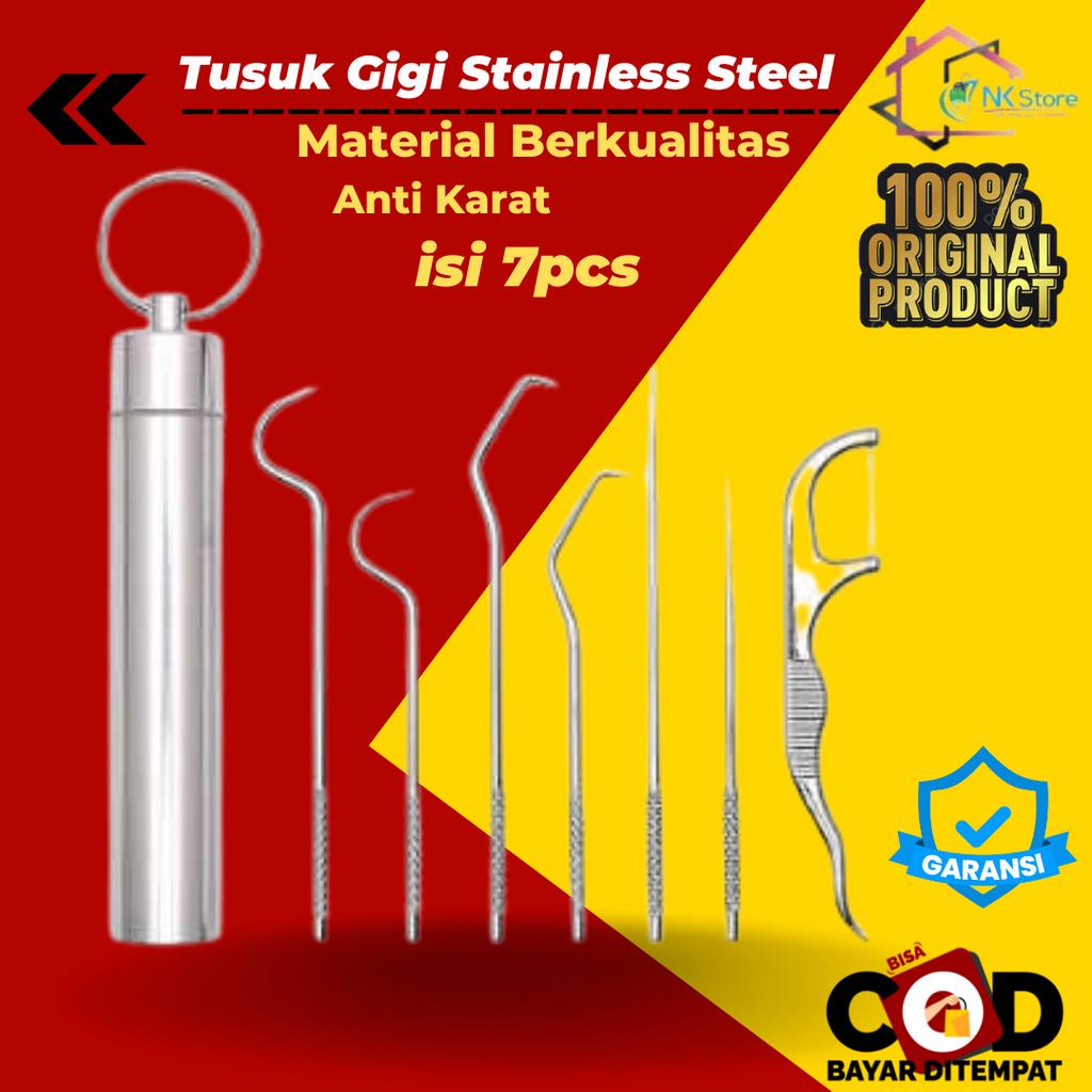 Set Tusuk Gigi Stainless Steel Toothpick dental floss Portable Carry 7 PCS