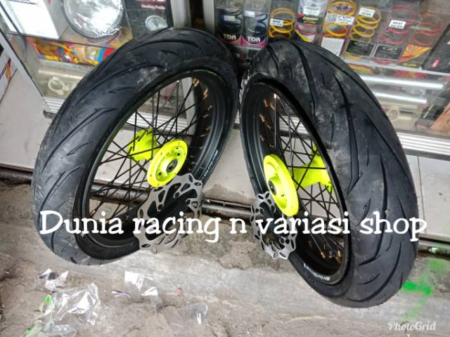 Paketan Velg Supermoto KLX 150 dan DTracker 150 ring 17 Sama Ban Tubles Tromol plus piringan cakram