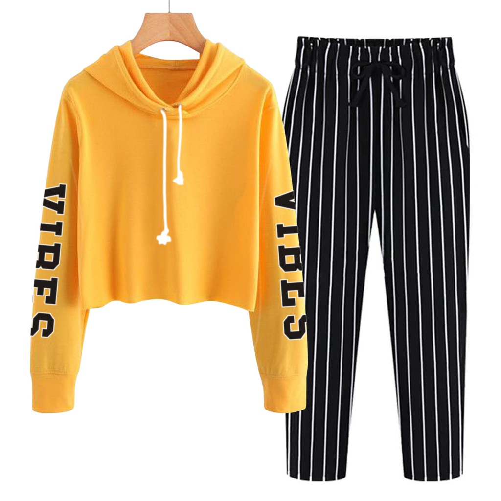 BESS - Baju Setelan Wanita Murah / Setelan Hoodie Crop + Celana Salur Hitam - VIBE TANGAN