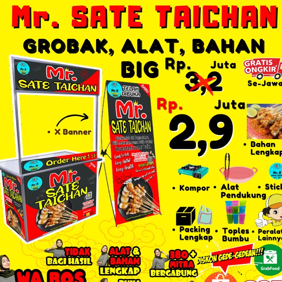 

Mr.SATE TAICHAN NEW|| MR.R CULLINARY (FRANCHAISE,PAKET USAHA,KEMITRAAN) GROBAK/BOOTH PORTABLE,ALAT LENGKAP, DAN BAHAN BAKU UTAMA