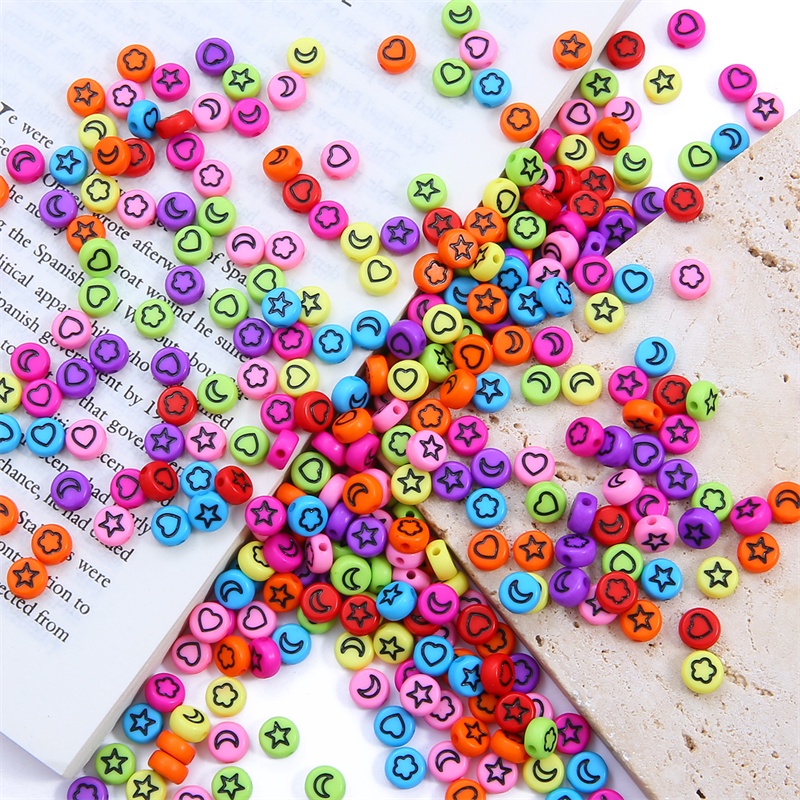 100pcs 7mm Colorful Mixed Flower Star Moon Heart Acrylic Beads Round Flat Loose Spacer Beads For Diy Jewelry Making Bracelet