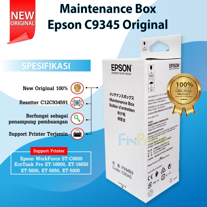 Maintenance Box Epson C9345 Reset Waste Ink Pad Printer EcoTank L15150 L15160 M15140 L6550 L6580