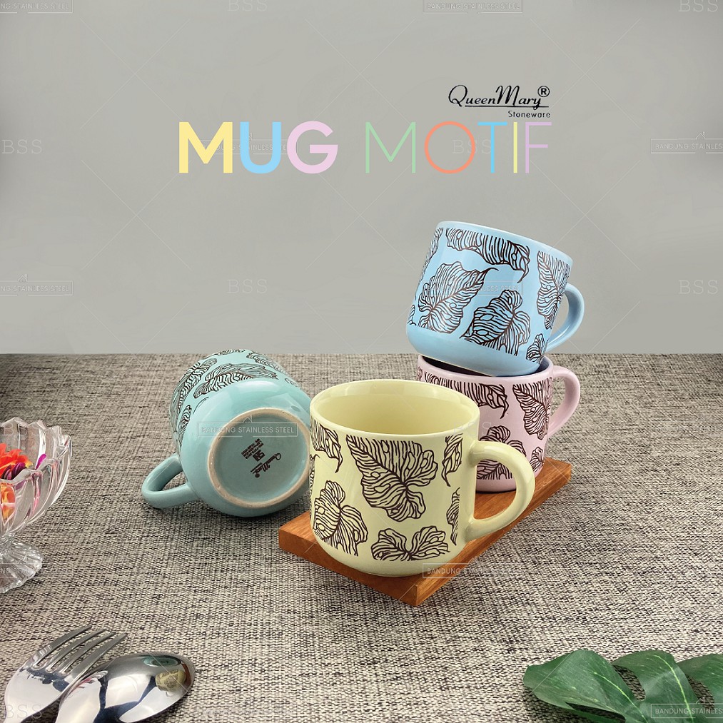 Gelas Mug 300ml Keramik Warna Pegangan Motif Daun Cantik Murah Tebal Tahan Panas