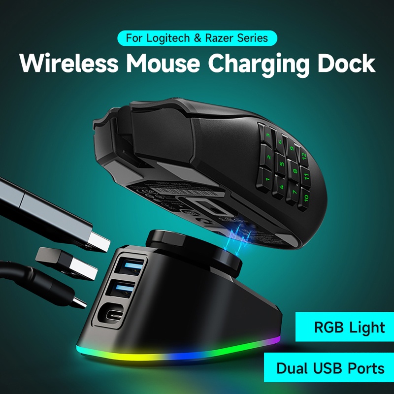 Vivi 2pcs Charging Dock Station Power Bank RGB Usb 3.0 Bahan ABS Untuk Logitech G502 GPW 1 / 2 G903 G703 Hero M