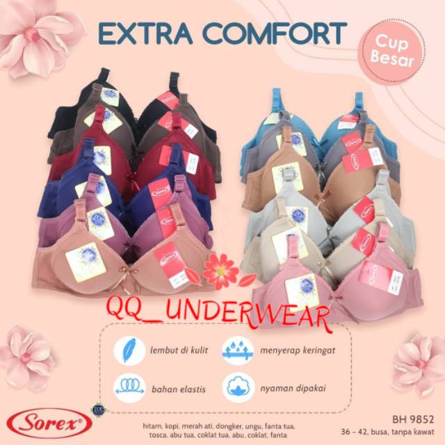 Bra Sorex 9852 Tanpa Kawat Busa Tipis Kait 2 / BH SOREX 9852 Cup Sedang 36-42 Extra Comfort / Bra Sorex / Bh Sorex