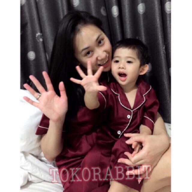 Piyama SATIN MAROON exclusive bisa couple pasangan mom kids and family