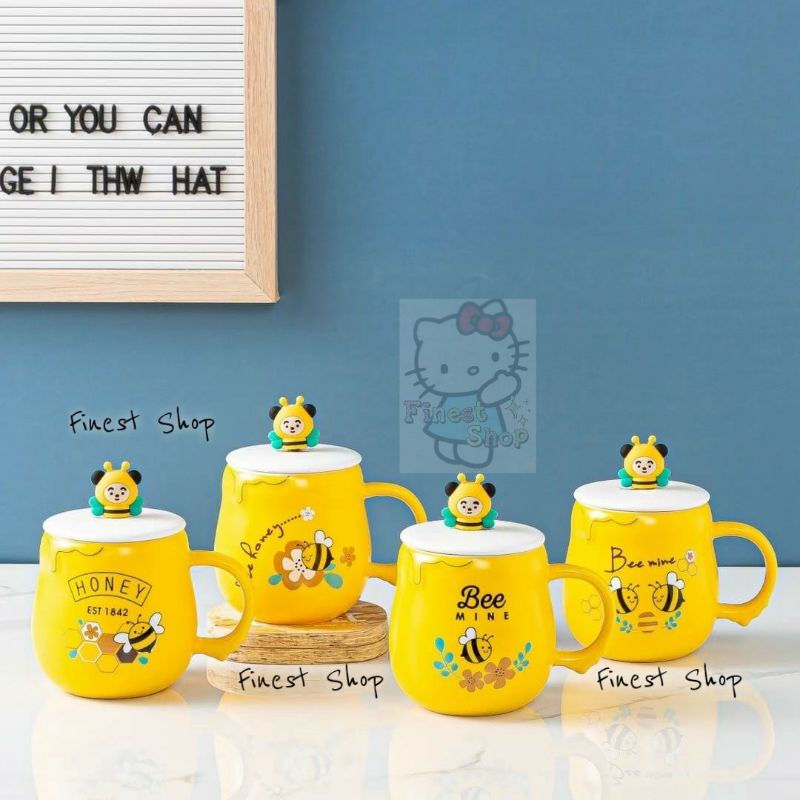 NEW! Mug Keramik Tutup + Sendok Cangkir Sapi Panda Kelinci Macarons Lebah Bear Gelas Bee Yellow IMPORT Porcelain Mug Aesthetic Gift Ceramic Wood Cover Glass Honey Cow Milk Tea White Cup Coffee Kado Hadiah Ultah Birthday Tempat Minum Madu Spoon Stainless