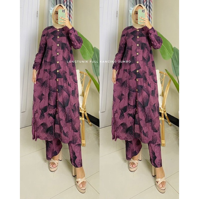 One set Long tunik Rayon Full kancing jumbo