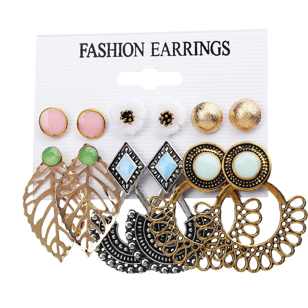 6 Pasang / set Anting Tusuk Gantung Desain Bunga / Daun Hollow Gaya Bohemian / Retro / Etnik Untuk Wanita