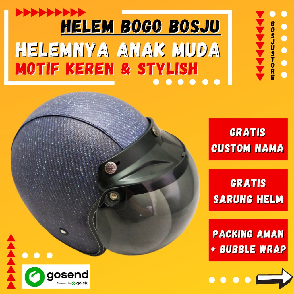 HELEM BOSJU - Helm Bogo Warna biru Dongker Denim - Retro Klasik Cewek Wanita Dewasa Kaca Datar Sni -