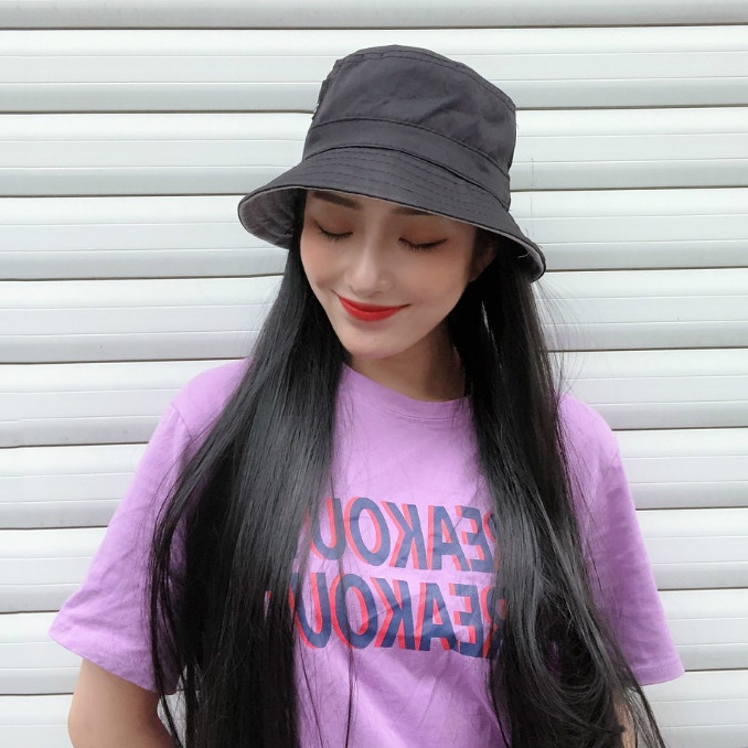 Wig Topi Bucket Long Straight Hair Korean Version Wig Topi Rambut Palsu Wanita / Wig Topi Bucket Hat / Wig Topi Bundar