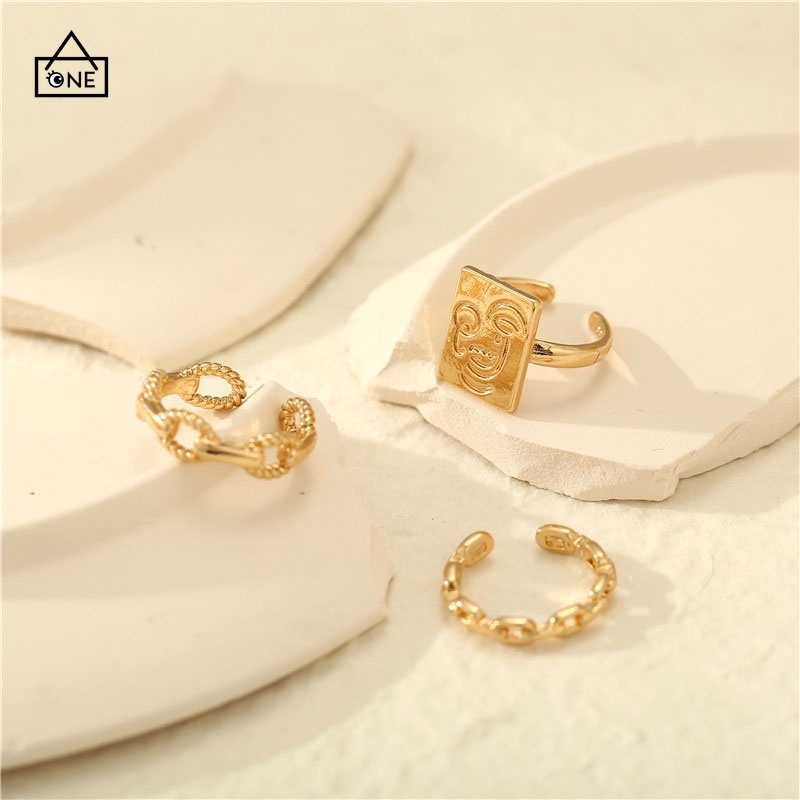 COD❤3pcs / Set Cincin Rantai Emas Model Terbuka Dapat Disesuaikan Untuk Aksesoris A one