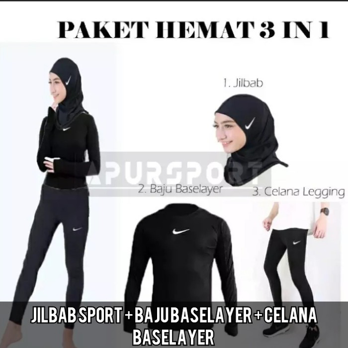 PAKET HEMAT 3 IN 1 Stelan olahraga wanita jilbab leging baselayer Voly Hitam