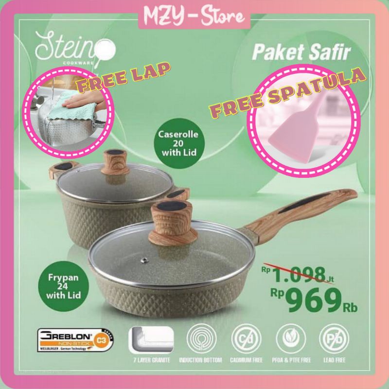 (4x FREE) Stein Paket Safir Steincookware Safir Diamond Series ( Casserole 20 Cm + Frypan 24 Cm )