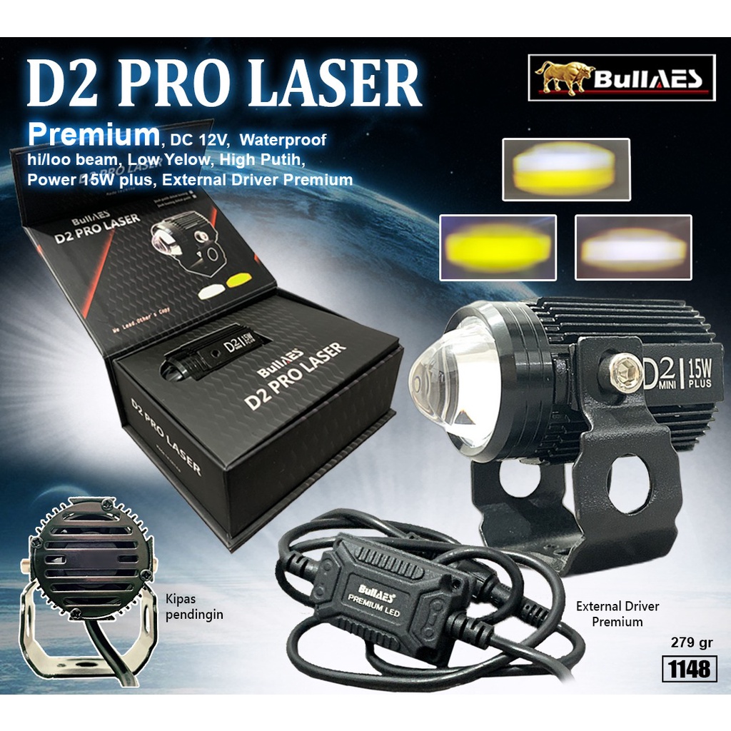 Lampu Tembak Laser D2 Pro Laser Hi Low Premium merk BULLAES