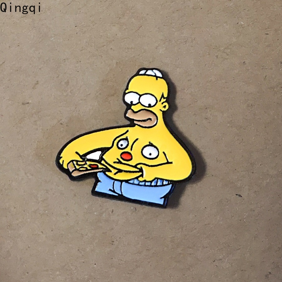 Homer Bros Pin Enamel Desain Kartun Tv Anime Simpson Eating Pizza Fatso Belly 8090s