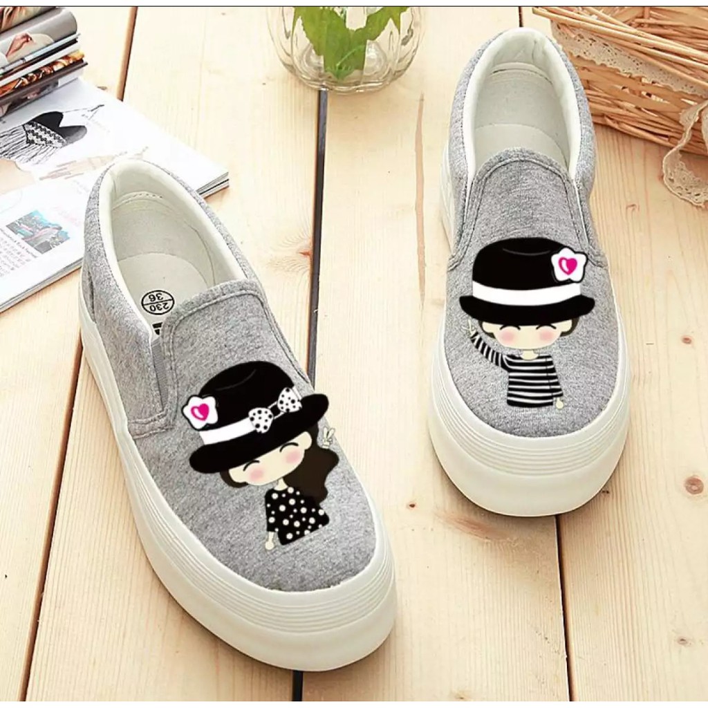 HD-SEPATU WANITA SLIP ON KAWAI PRINTING MURAH - ABU DAN PUTIH