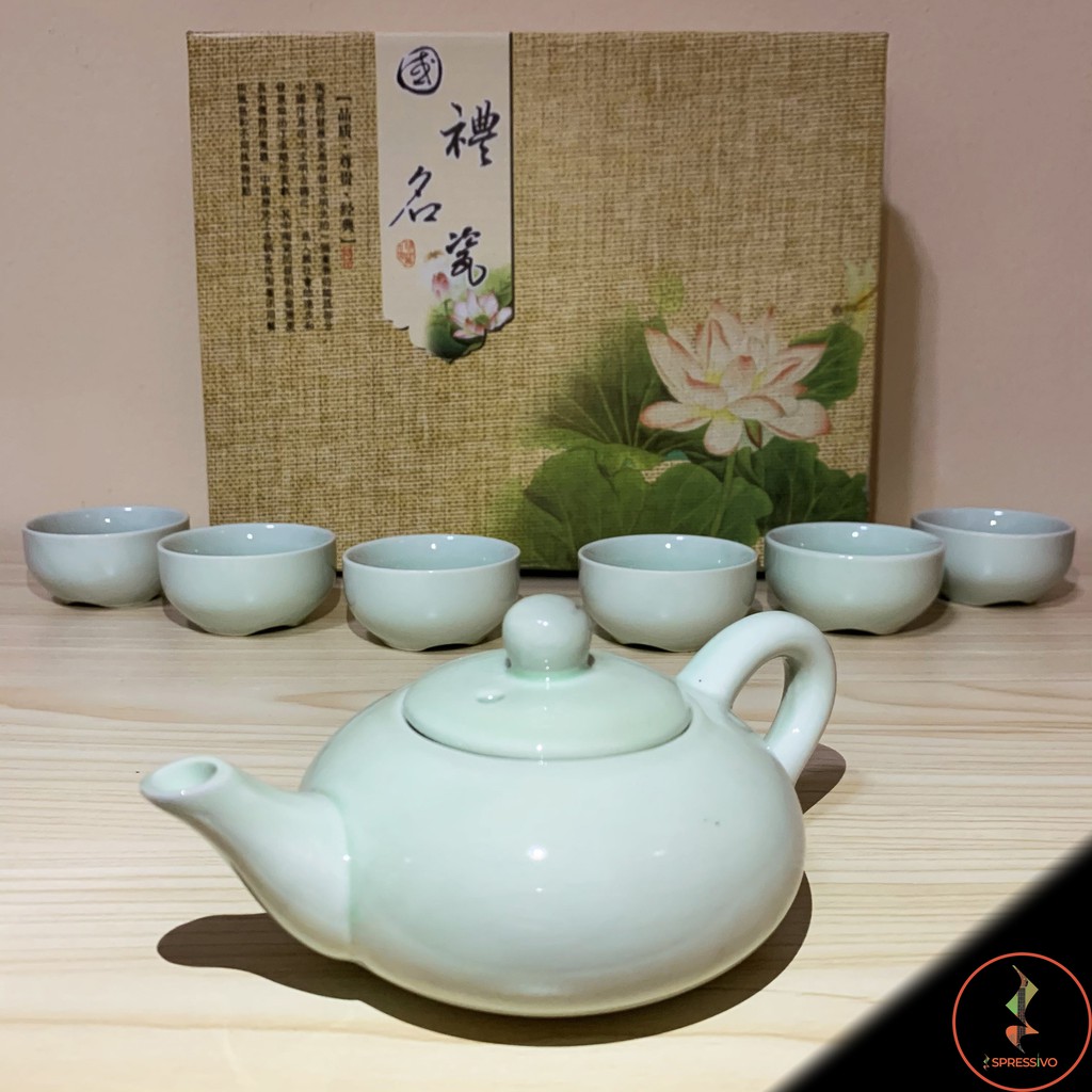 Teko + 6 cangkir teh keramik hijau ikan koi chinese teapot cup [701]